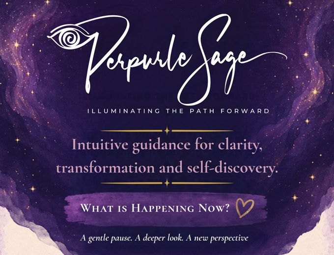 The top of Perilla's fair banner: the Perpurle Sage logo in white on deep purple, with &ldquo;Intuitive guidance for clarity, transformation and self-discovery&rdquo;