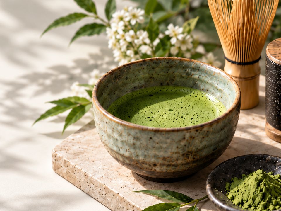 A bowl of whisked matcha, a bamboo whisk, matcha powder and white flowers on a stone board