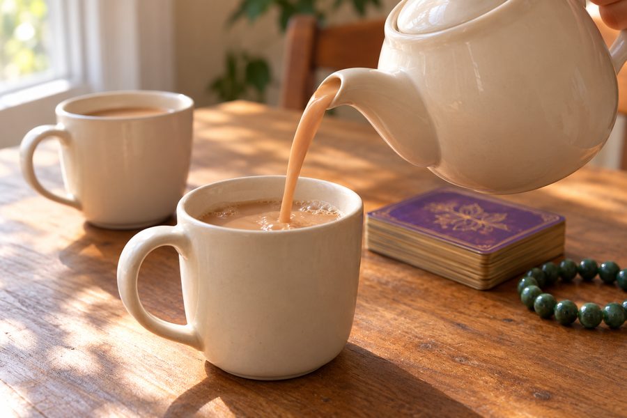 Milk tea being poured into a cream mug, the purple tarot deck still stacked and untouched beside it