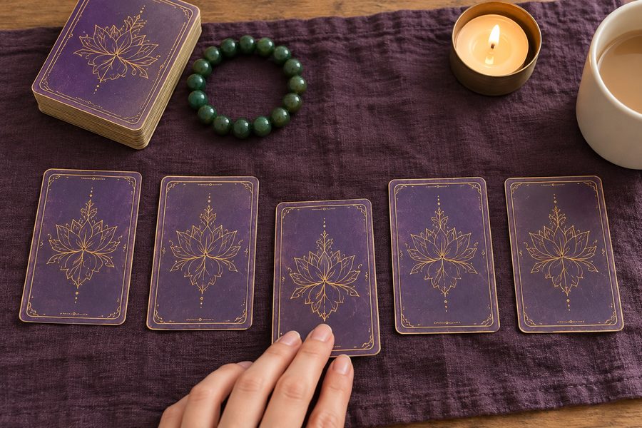Seen from above: five purple tarot cards laid face down on a dark purple cloth, a hand on the middle one