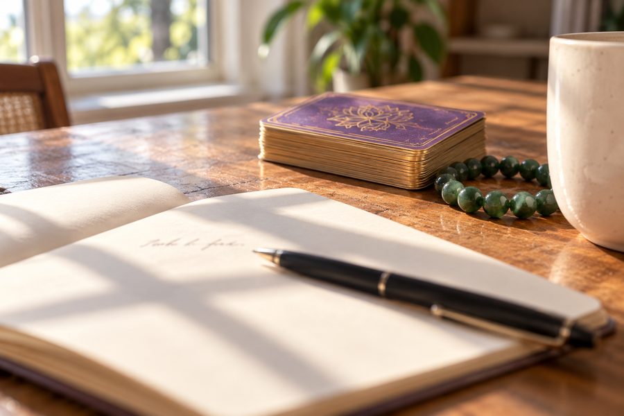 An open notebook with one short line written in it and a pen, in morning light, the cards stacked and put aside