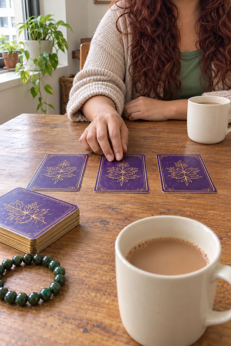 A wooden table by a window, seen from your seat: two mugs of tea, three tarot cards face down, and a hand about to turn the middle one